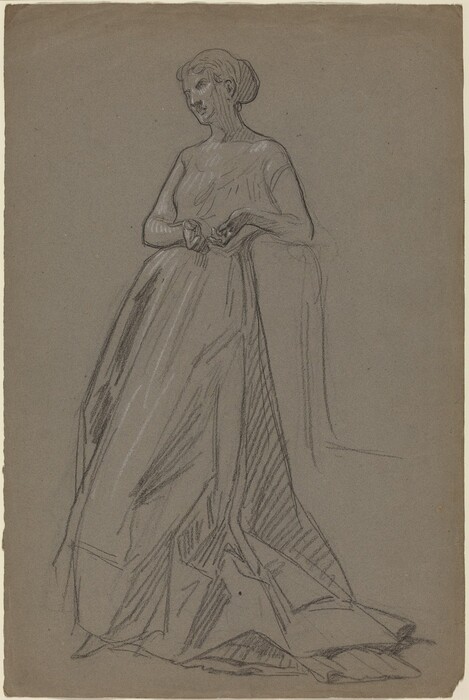 The image shows a pencil drawing of a woman from head to knee-level. She is standing or leaning against an unseen surface, with her torso turned slightly to her left. Her facial features are delicately sketched, highlighting the outline of her nose, eyebrows, and swept back bun hairstyle. Her hair is neatly styled away from her face. She wears a long, flowing garment that drapes down to the bottom of the drawing, resembling a gown-like dress with soft, fluid lines capturing the fabric folds. Her hands are in front of her, with one gently grasping the other. The background is plain, focusing attention on the figure, with the paper texture providing a subtle backdrop for the drawing.