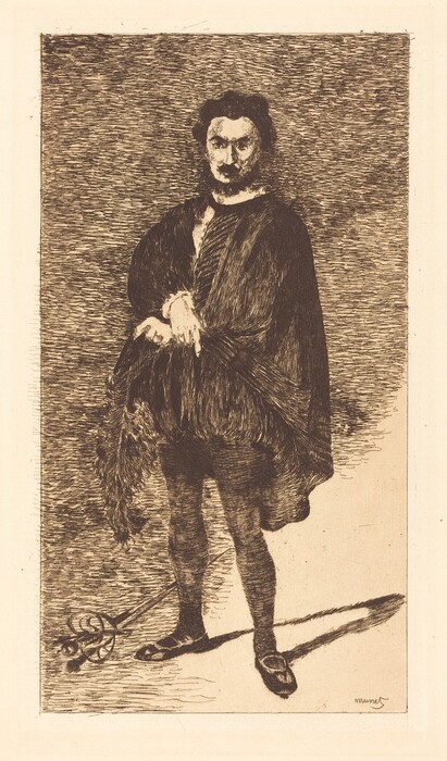 The image depicts a man standing upright. He is facing slightly to the right with his head turned towards the viewer. His facial features include a mustache, beard, and focused gaze. His hair is wavy and of medium length. The man is dressed in an elaborate costume consisting of a dark cloak, tunic or jerkin with a textured appearance. He is holding a large feather or plume in his left hand. His legs are clad in closely fitting garments, and he wears shoes with buckles. Near his feet lies a rapier with a complex hilt. The background features an intricate etched design.