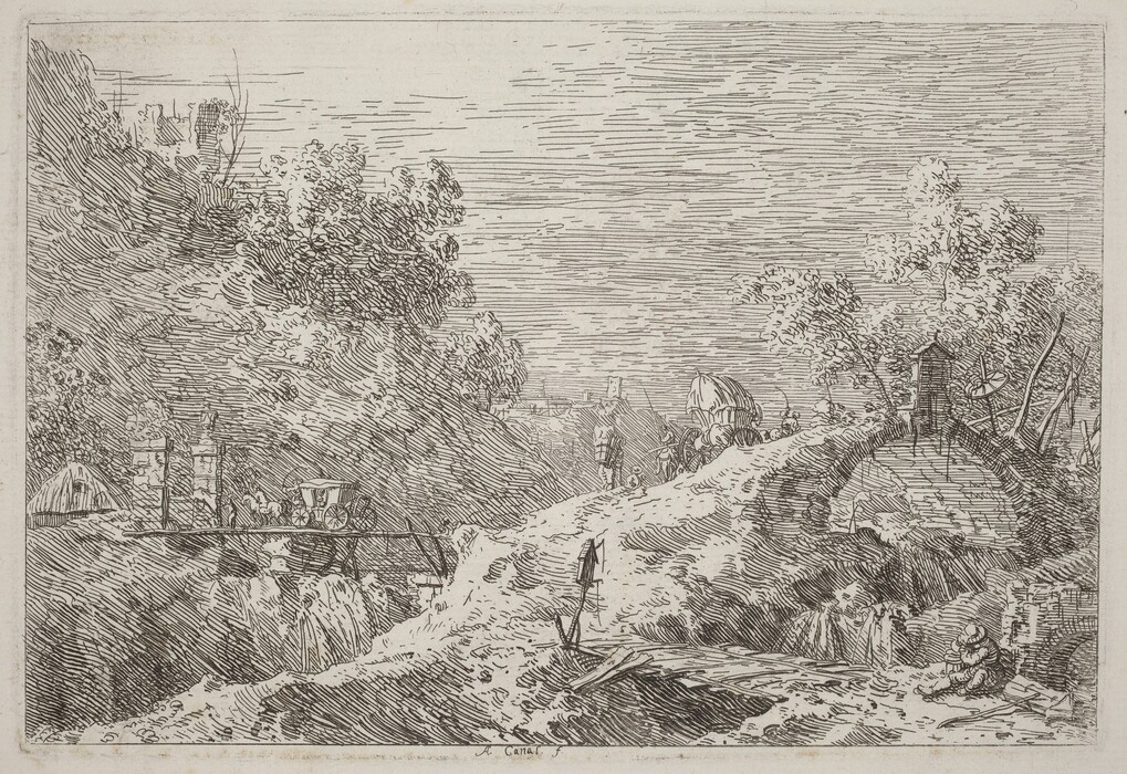 The etching depicts a scene with a winding path and a small bridge crossing over a gap in a hilly landscape. The horizon shows a distant tree line and brush. The linework creates depth and form with hatching for shading. The color palette is monochromatic, with black ink on a pale background. A figure sits by the path with a fishing rod, while horse-drawn carriages and other figures can be seen in the distance traveling along the road.