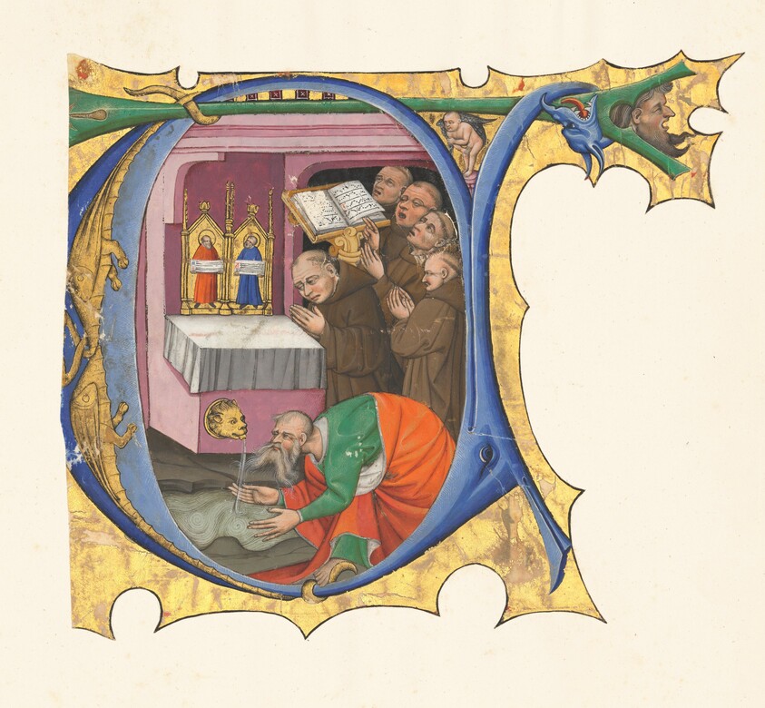 Initial T with a group of Benedictine monks singing before an altar from which issues water