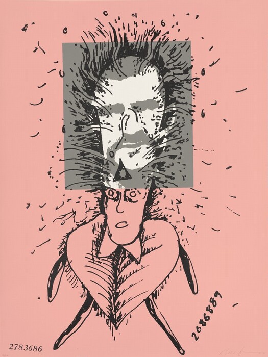 The image displays a collection of jagged lines and curved shapes creating an abstract composition. A black and white face emerges at the center from a rectangular section. Expressive lines radiate outward from the central figure. Beneath the face, a stylized figure with exaggerated features and a heart-shaped design around the neck is depicted. The background is solid pink, with numbers at the edges of the image.