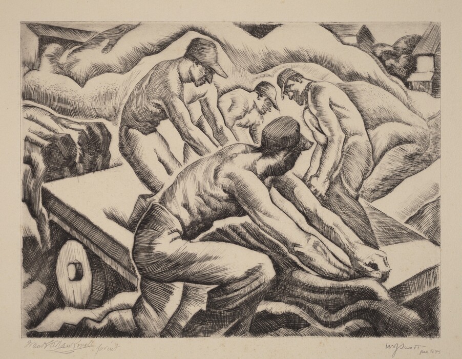 This is a drawing of four figures working with a large piece of machinery. The drawing depicts muscular figures using their bodies to manipulate the industrial machine. The figures are arranged dynamically with strong lines and shading emphasizing their forms. The setting suggests an industrial or rural environment, with abstracted lines in the background. The composition creates a sense of intensity and laborious activity.
