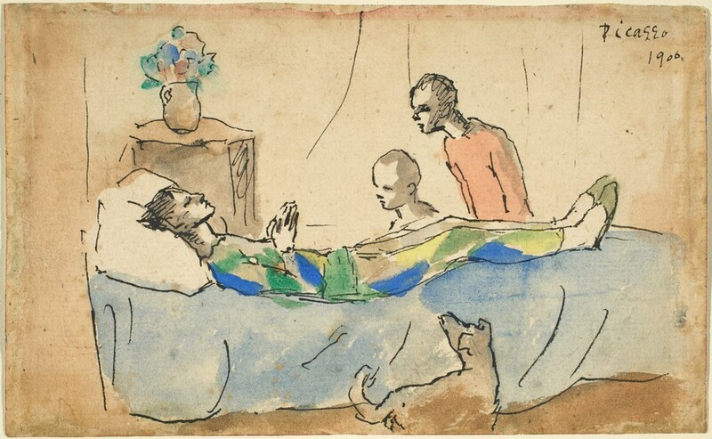 A young man, boy, and dog look at a man laid out on a bed in this horizontal drawing and watercolor. The skin of all three people is the cream-white of the paper, and their features, bodies, and objects are outlined with black ink. The man lies with his eyes closed on the bed with his head to our left and feet to our right. He is on a baby-blue blanket, and his head is propped up on a thick white pillow. He has black hair and delicate features, and his hands are together in prayer over his belly. His long-sleeved shirt and form-fitting pants are painted with loose diamond shapes in shades of leaf green, lemon yellow, and lapis blue. His slippers are sage green. The young man and boy look on from near the man’s shins on the far side of the bed, and a furry brown dog turns to look at the prone man from our side of the bed. The artist signed and dated the work in black in the top right corner, “Picasso 1906.”