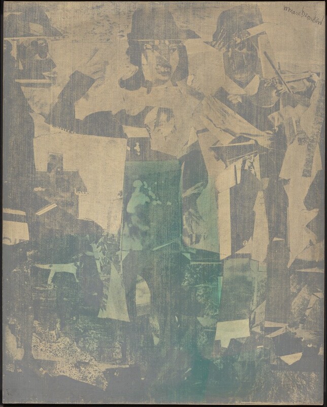 Ghostly impressions of people and abstract forms made up of collage-like fragments are printed in hazy gray on a tan-colored canvas in this vertical screenprint. One person stands in the middle of the picture with one elbow bent and the hand by the face. The person’s teeth are bared, and they appear to have shoulder-length hair and wear a hat. Another person plays a fiddle behind and to the right of the first. Other forms are reminiscent of houses in silhouette, a dog, and other abstract shapes line the left and bottom edges of the composition. Green-tinted areas overlap the gray in the bottom half. The artist signed the top right corner, “romare bearden.”