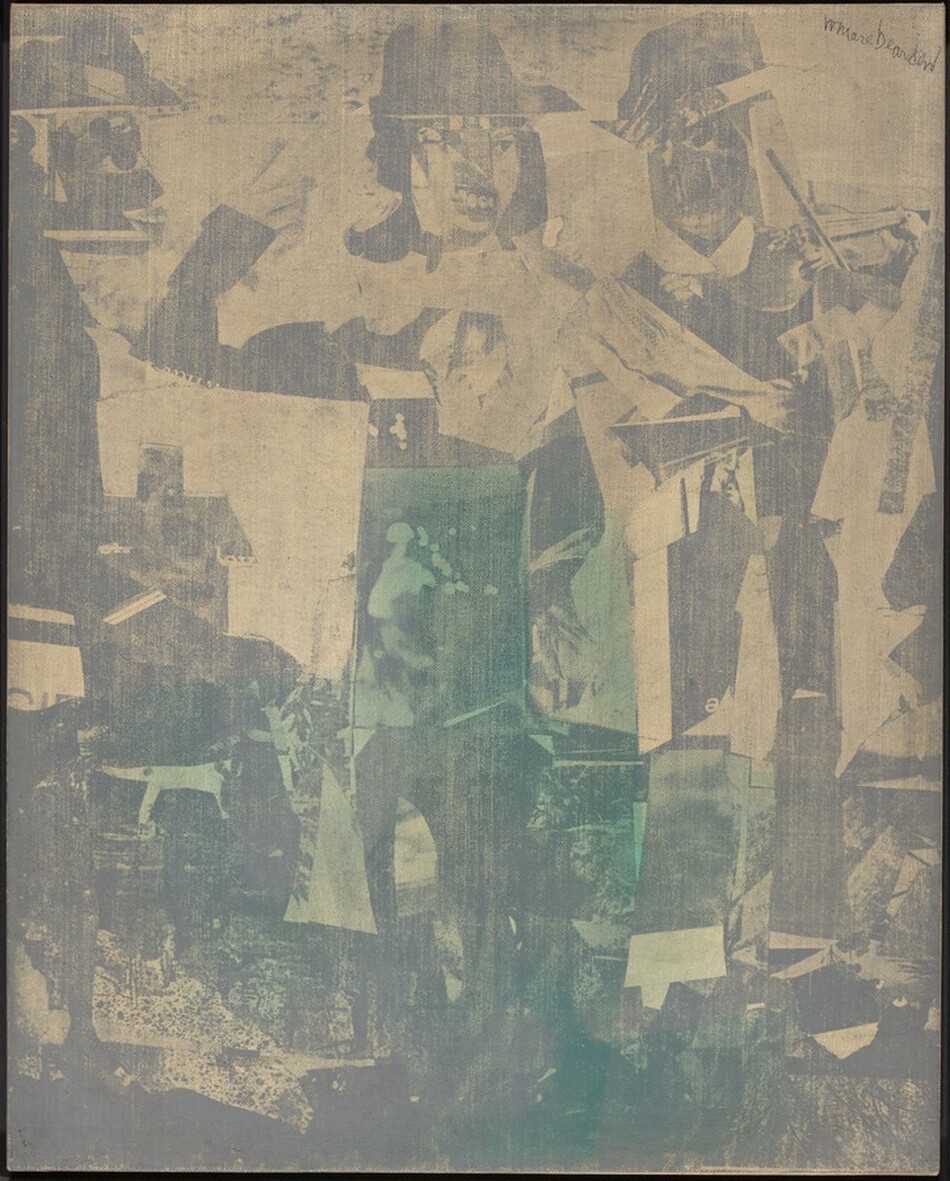 Ghostly impressions of people and abstract forms made up of collage-like fragments are printed in hazy gray on a tan-colored canvas in this vertical screenprint. One person stands in the middle of the picture with one elbow bent and the hand by the face. The person’s teeth are bared, and they appear to have shoulder-length hair and wear a hat. Another person plays a fiddle behind and to the right of the first. Other forms are reminiscent of houses in silhouette, a dog, and other abstract shapes line the left and bottom edges of the composition. Green-tinted areas overlap the gray in the bottom half. The artist signed the top right corner, “romare bearden.”