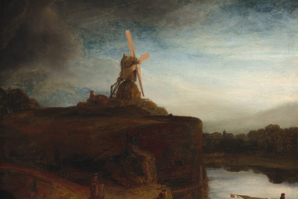 A windmill stands on a promontory cutting into a waterway under a partially stormy sky in this square landscape painting. 