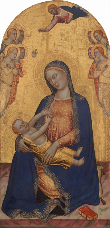 A woman sitting on a pillow on the floor holds a baby stretched stiffly across her lap, and both are shown against a gold background in this arched, vertical painting. Ranks of four winged angels float to each side and a man hovers overhead, above a dove that flies down toward the baby. All the people have light skin, strawberry-blond hair, and their heads are surrounded by gold halos. The woman at the center wears a royal-blue, hooded cloak over a dusky rose-pink dress. The cloak is edged with gold, and there is a gold starburst on each shoulder. Her dress is covered with gold, scrolling vines and geometric patterns. She sits facing us with her head tipped to her right, our left, and she gazes down at the baby with narrowed, almond-shaped, light brown eyes. She has a long, delicate nose and her small pink lips are closed. The baby has chubby, pink cheeks but his body is more like that of an adult. He lies stiffly across the woman’s lap, wrapped in shimmering gold fabric that leaves his bare feet, chest, and arms exposed. He looks at us as he reaches up and touches the woman’s breast, which emerges from her dress near her right shoulder. He has snail-like curls, medium brown eyes, a rounded nose, and small, pink lips. The pillow the woman sits on has tassels in the corners. The muted pink floor is veined with sage green. A book with a scarlet-red cover and gilded edges sits nearby. On either side of the woman, four winged angels cluster in two rows of two, near the arched top of the panel. The angels all have coral-pink diadems in long blond hair, and they look toward the woman in profile with wrists crossed against their chests or held together in prayer. They wear robes in ivory white, brick red, or royal blue, all decorated throughout with gold patterns. Emerging from a narrow band of clouds to the upper right, a bearded man wearing a blue robe over a pink garment, also both edged with gold, floats above the woman with his right hand extended. He holds a book in his other hand. The white dove below is connected to the man's extended right hand by long lines, like stylized rays of light. Red shows through some cracks and worn areas of the gleaming gold background.