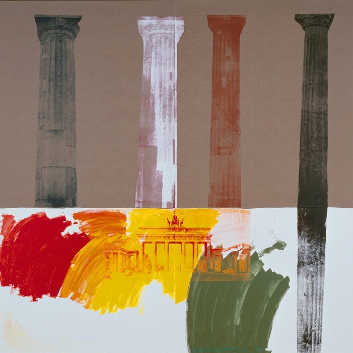 The image shows four vertical column-like shapes in muted tones on the upper half. They are juxtaposed against a backdrop of vibrant brushstrokes in red, orange, yellow, and green on the lower half. The lower section's swaths of color suggest movement and fluidity, similar to modern art. A recognizable landmark resembling the Brandenburg Gate emerges in the yellow hue at the center.