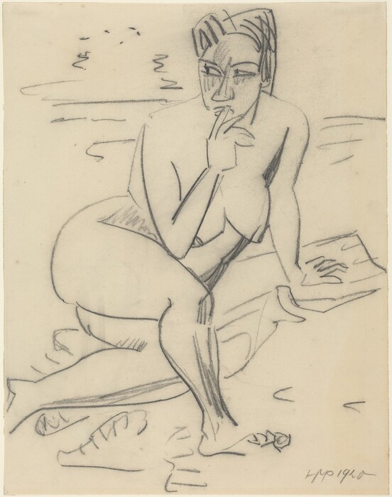 The image is a sketch of a person seated, with one leg bent beneath them and the other knee slightly raised. The person is leaning on one arm while resting the other elbow on the knee, with a hand touching their chin. The facial features are stylized, with prominent lines for the eyebrows, eyes, and mouth. The hair is outlined simply. No clothing details are visible. The sketch has a minimalistic background with curved lines suggesting movement or a natural setting. There are no visible objects or jewelry. The signature "HPO 1940" is in the bottom right corner.