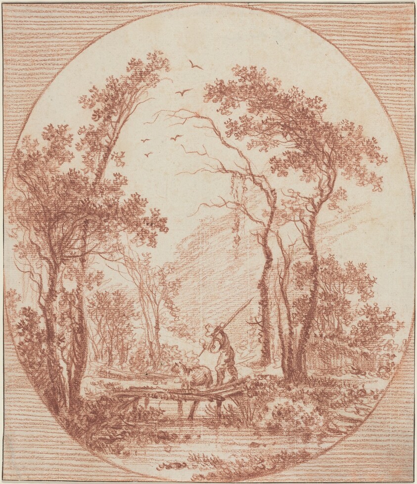 A Farmer and a Sheep Crossing a Rustic Bridge