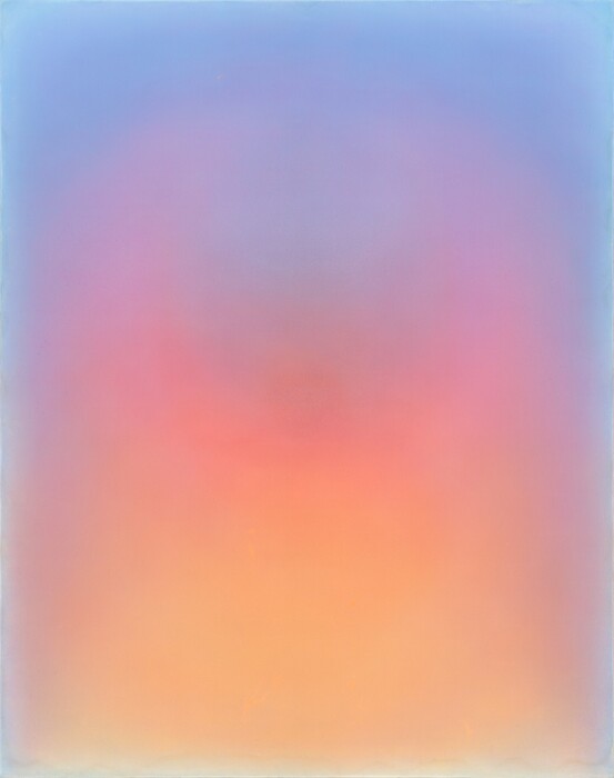 Pale yellow, warm orange, rose pink, lilac purple, and topaz blue diffuse this abstract vertical painting. The field of yellow across the bottom rises and deepens through orange and pink to flicker up and touch at points, like flared wings, that almost reach the top of the composition. Purple hugging the pink gives way to shimmering blue edges. Brushstrokes are completely blended so this resembles jewel-toned steam wafting across the canvas.