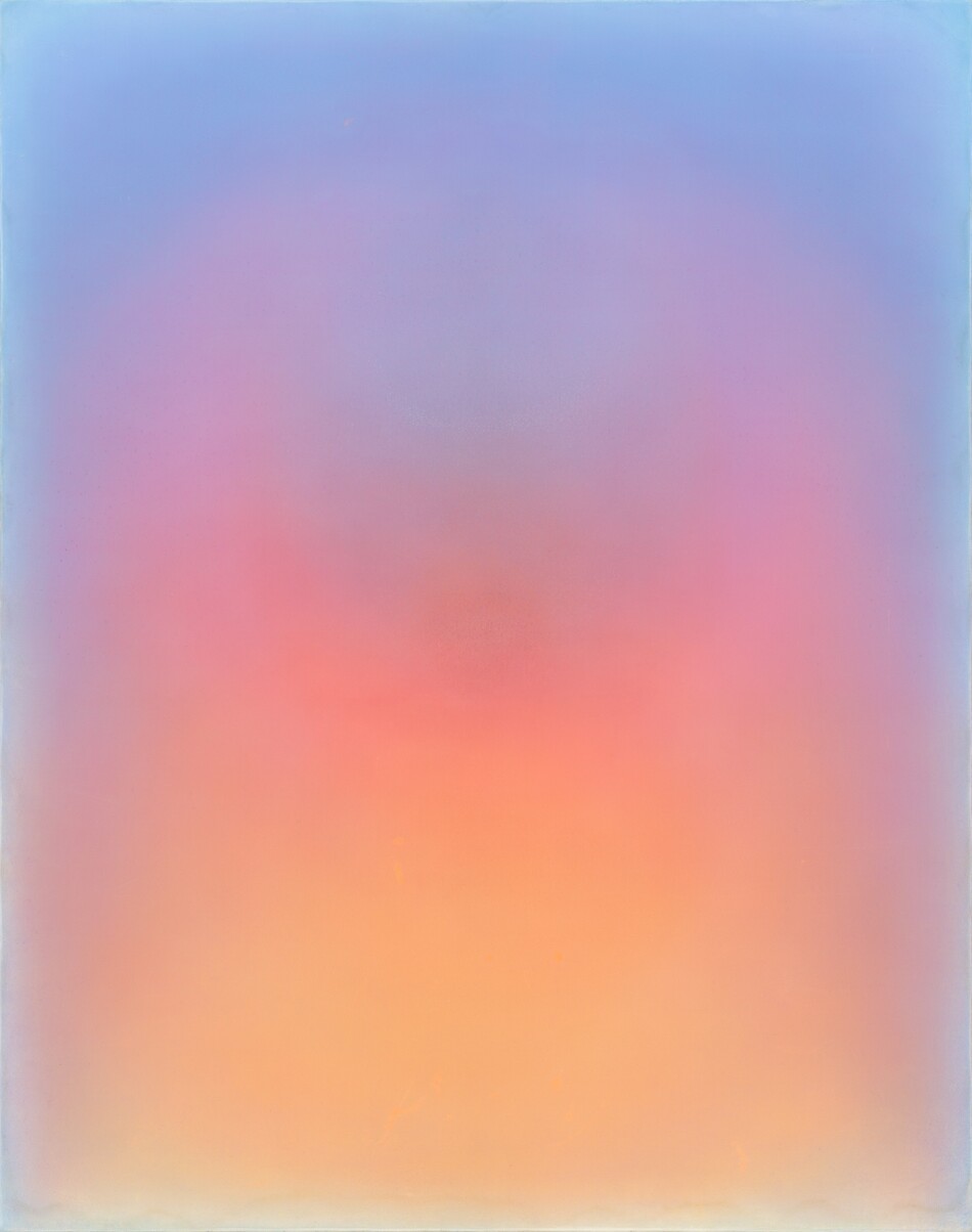 Pale yellow, warm orange, rose pink, lilac purple, and topaz blue diffuse this abstract vertical painting. The field of yellow across the bottom rises and deepens through orange and pink to flicker up and touch at points, like flared wings, that almost reach the top of the composition. Purple hugging the pink gives way to shimmering blue edges. Brushstrokes are completely blended so this resembles jewel-toned steam wafting across the canvas.