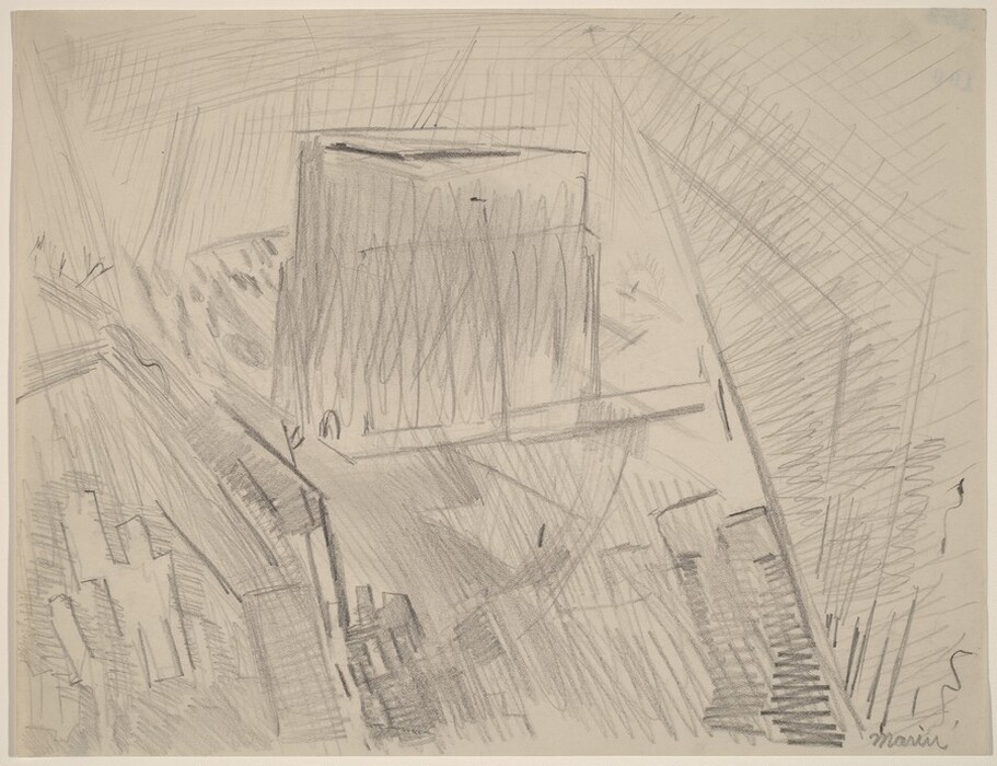 The image shows angular and diagonal lines intersecting to form a complex arrangement. The central shape resembles an abstract interpretation of a cube or a building, with lines fanning out in various directions. The use of shading and crosshatching gives dimension to the shapes, while soft erratic lines connect to the surrounding areas. The overall composition suggests a bustling urban environment, capturing the essence of a city with architectural structures and pathways.