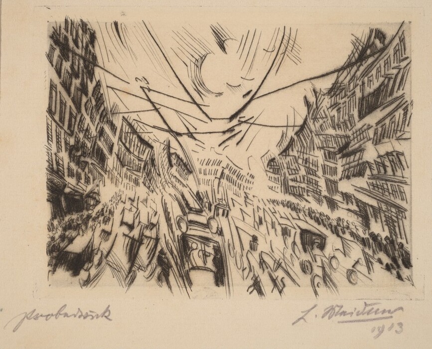 The illustration consists of sweeping lines and angular shapes converging towards the center, creating a dynamic and architectural impression. The lines appear to radiate outward, resembling a bustling street scene with buildings on either side. Clusters suggest crowds of people, while the central area resembles moving vehicles or trams amid curved and leaning building facades, giving a sense of depth and perspective. The scene captures the energy of a busy cityscape viewed through a distorted lens.