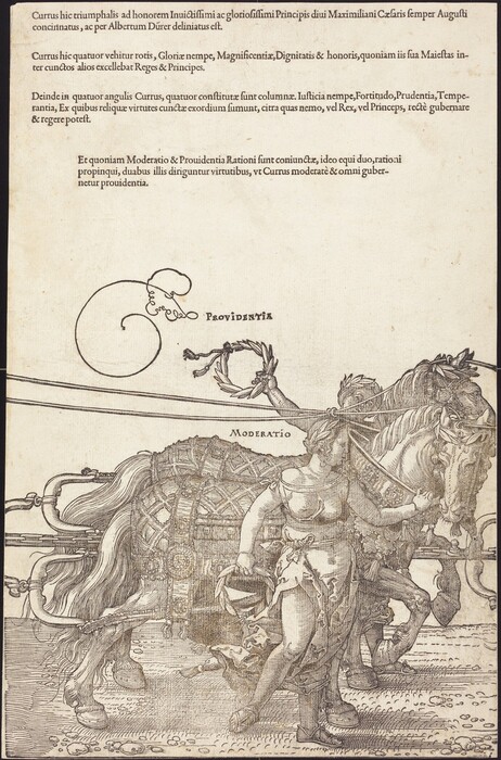 This is a drawing of an allegorical scene involving a horse-drawn chariot. The illustration features a horse decorated with elaborate armor or embellishments, pulling a chariot. A partially clad figure is holding onto the horse's bridle, guiding it forward. Above the scene, the terms "Providentia" and "Moderatio" are inscribed. The detailed drawing uses fine lines and intricate detailing to convey texture and form, characteristic of Renaissance-era engravings. The thicket of lines creates a robust and textured appearance that exudes a sense of movement and vitality. The text at the top is written in Latin.