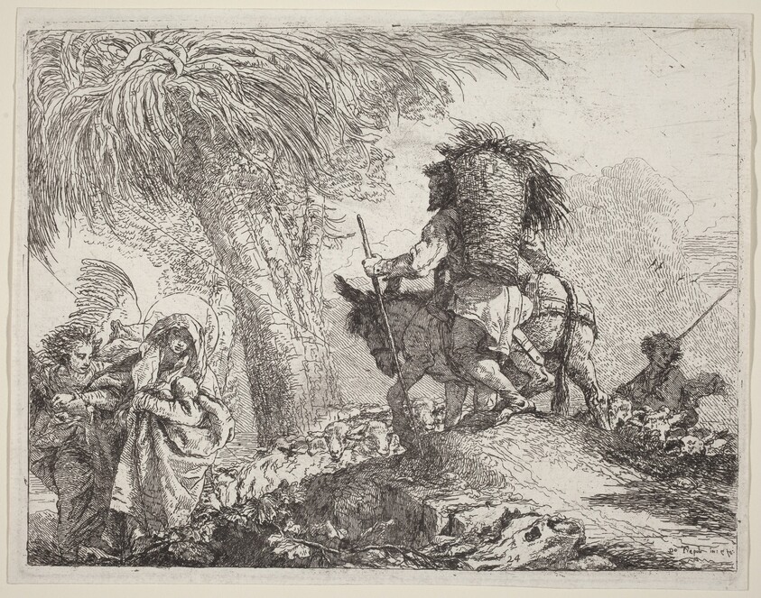 The Flight, Joseph at Right and Mary and Angel at Left