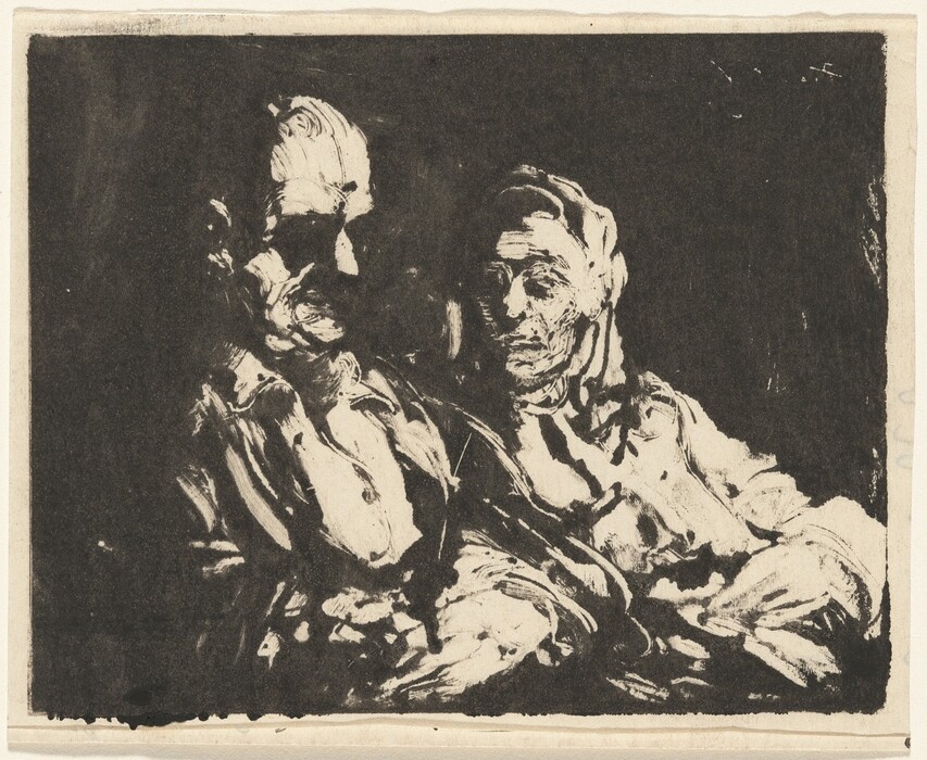This is a monochromatic illustration featuring two individuals in a side-by-side arrangement. Their upper bodies dominate the frame, including heads, shoulders, and arms. The person on the left has deeply set eyes and pronounced facial features, while the other individual on the right appears to be wearing a headscarf. Both are depicted in loose-fitting garments, with the background primarily dark to create a dramatic effect.
