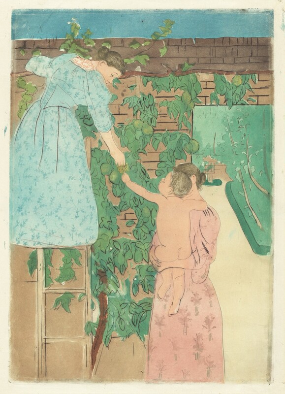 A woman standing on a ladder propped against a wall hands fruit down to a nude child held by a second woman in this vertical colored print. The scene is printed with areas of mostly flat color in shades of vivid green, earthy browns, and pastel pinks and blue. The women and child have peachy-toned skin and brown hair. Both women wear long, floral-patterned dresses with long, loose sleeves, and their hair is pulled back in buns at the napes of their necks. The ladder, to our left, leans against the verdant green vines growing up the brown wall. The woman standing on the ladder wears a powder-blue dress over an apricot-orange and white patterned kerchief around her neck. She looks down in profile at the child to our right. The child sits facing away from us in the other woman’s arms, bare buns squished along one forearm. The child reaches for the fruit, perhaps a cluster of small grapes. The second woman wears rose pink, and her face is hidden by the child’s head. An opening in the wall to the right leads back to an open space with more greenery. The sky above is a strip of topaz blue along the top edge of the print.