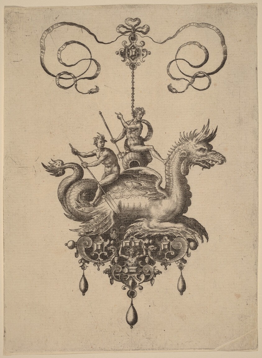 Design for a Pendant with a Sea-Monster Carrying Neptune on an Urn Flanked by a River-God with an Oar