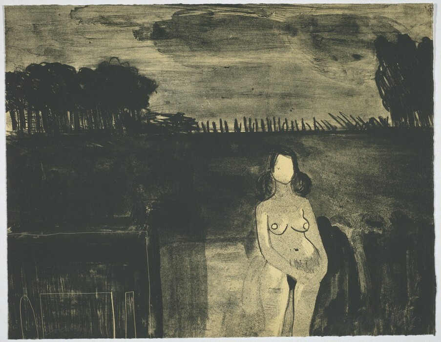 The image shows a nude figure standing in a frontal position from head to mid-thigh. The figure has dark, shoulder-length hair and a simplified face. There is no clothing or jewelry, and no objects are being held. The background features a dark, rural landscape with trees, foliage, and a horizontal line suggesting a fence. The sky is overcast with a textured, cloudy appearance. The color scheme is dark and monochromatic with shades of black and gray.