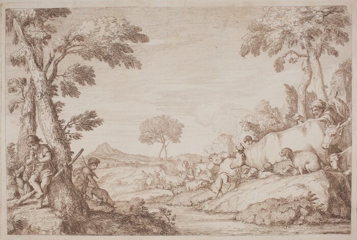 The image shows a pastoral scene with people and animals in a natural landscape. The horizon line is near the top, with hills and trees in the distance. A tree stands on the left, with figures like cows, sheep, and shepherds. A young boy plays a flute by a tree on the left. A man sits among cows on the right. The style includes detailed linework and crosshatching for texture. The color palette is primarily sepia, giving a vintage feel.