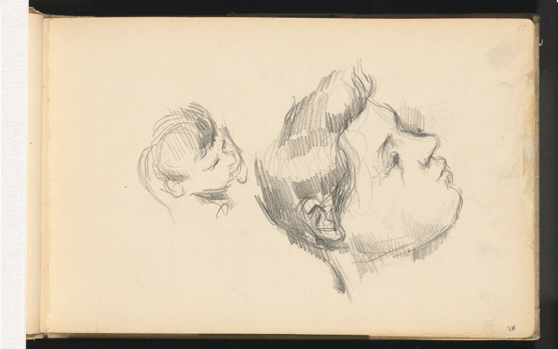 The image consists of two pencil sketches on paper, each focusing on a head in profile. The larger sketch on the right shows a head tilted upward, emphasizing facial features like the nose, lips, and chin, as well as short textured hair. The smaller sketch on the left depicts a head leaning slightly backward, with detailed contours of the forehead, hairline, and short textured hair falling forward. The background is an off-white page with no additional elements present besides the faint pencil marks and the edge of the page. No jewelry or objects are visible in the sketches.