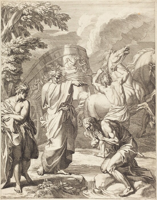 This is an image depicting an ancient mythological scene involving a chariot. The drawing shows a detailed, classical illustration rich in symbolism. A grand chariot, adorned with figures and classical motifs, is at the center. Horses are rearing dramatically, guided by figures around them. The figures wear flowing drapery and the background features lush, detailed trees, adding depth. The composition is intricate and filled with movement and emotion, typical of historical engraving styles.