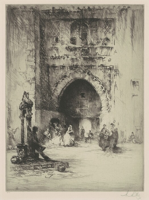 The image shows a view through a large architectural archway with figures engaged in various activities. The perspective is from a position close to the street level, looking towards the archway. The archway is the focal point due to its darkened interior and decorative detailing. The horizon is not distinct, as the architectural elements dominate the upper portion. The brushstroke technique is sketch-like with cross-hatching and vertical strokes, creating a textured appearance. The color palette is monochromatic, with shades of black and gray against a light background. Closest to us is a man sitting beside a street post, drawing the eye into the scene. Groups of people walk and gather in the distance, adding to the sense of an active urban environment.