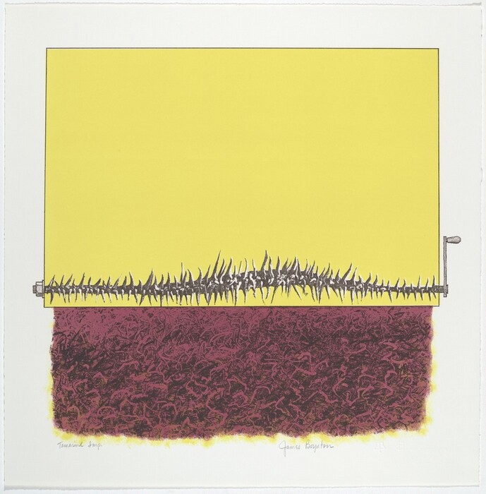 The image consists of a large rectangle. The upper part is solid yellow, while the lower part has a maroon texture. A horizontal abstract line divides the two sections. On the right edge, there is a form resembling a door handle or lever. The composition combines geometric forms with organic patterns, evoking imagery of machinery or landscapes.