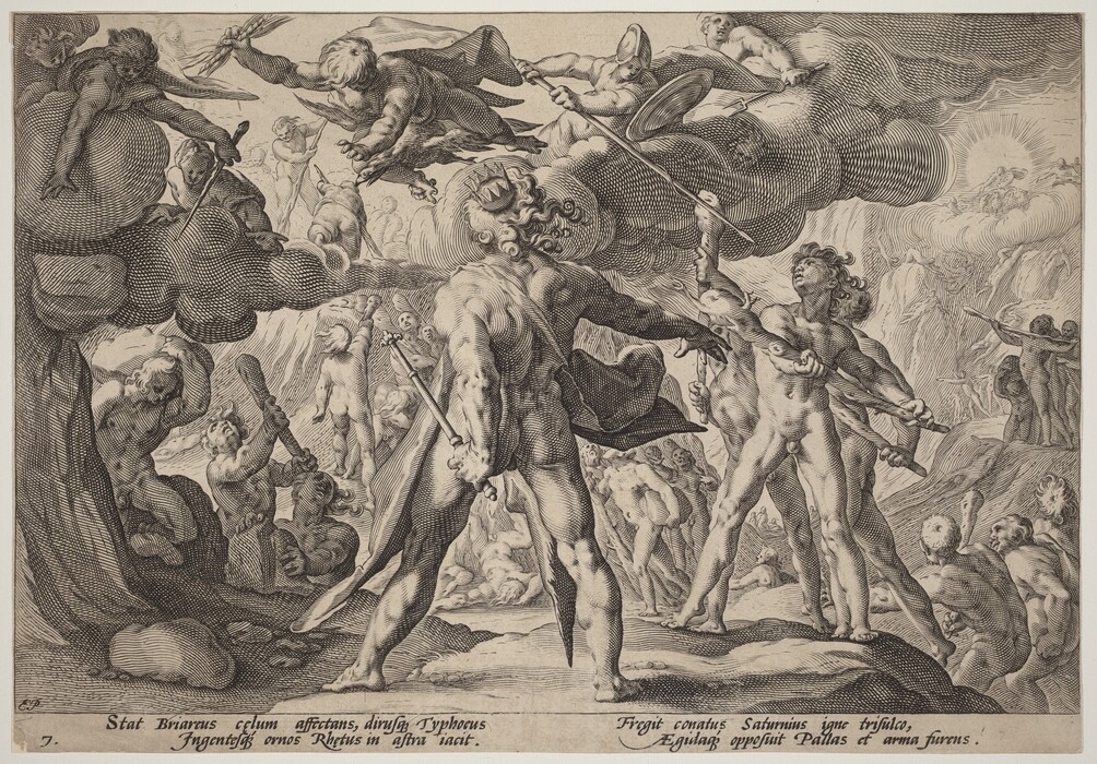 This is a drawing of a mythological battle scene. The artwork showcases a chaotic battle among numerous figures in a turbulent landscape. A central gigantic figure wearing a crown and wielding weapons is engaged in combat with other figures around it. Various entities are depicted in dynamic poses, some flying and wielding weapons amidst clouds and mountains. The sun in the background adds to the dramatic effect of the scene. The drawing captures the intensity and grandeur of mythological conflicts through detailed lines and energetic compositions.