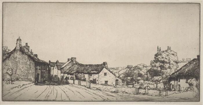 The image depicts a village scene viewed from a slightly elevated perspective. A dirt road is lined with cottages, and the horizon is marked by rooftops and distant trees. The etching technique is used with fine lines to create texture in the thatched roofs and foliage. The color palette is monochromatic, in shades of beige and brown. The road leads past cottages with chimneys and brickwork, and in the distance, there are trees and another cottage. The sky above is clear and takes up a significant part of the composition.