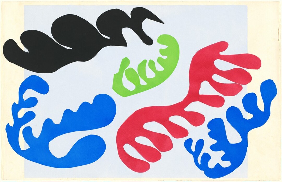 The image shows irregular, wavy shapes intertwined in an abstract manner. There are black, green, blue, and red elements on a light background. The shapes resemble organic seaweed-like forms or stylized coral reefs.