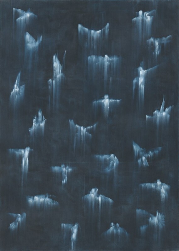 Twenty-five opalescent, ice blue and white forms streak down a dark, marine-blue field in this abstract, vertical canvas. The streaks are prominent but the suggestion of wings, small bodies, round heads, and beaks can be made out.