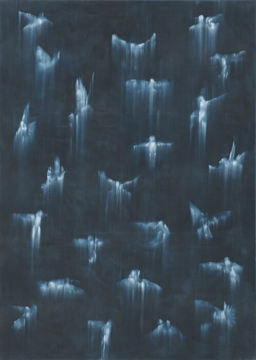 Twenty-five opalescent, ice blue and white forms streak down a dark, marine-blue field in this abstract, vertical canvas. The streaks are prominent but the suggestion of wings, small bodies, round heads, and beaks can be made out.