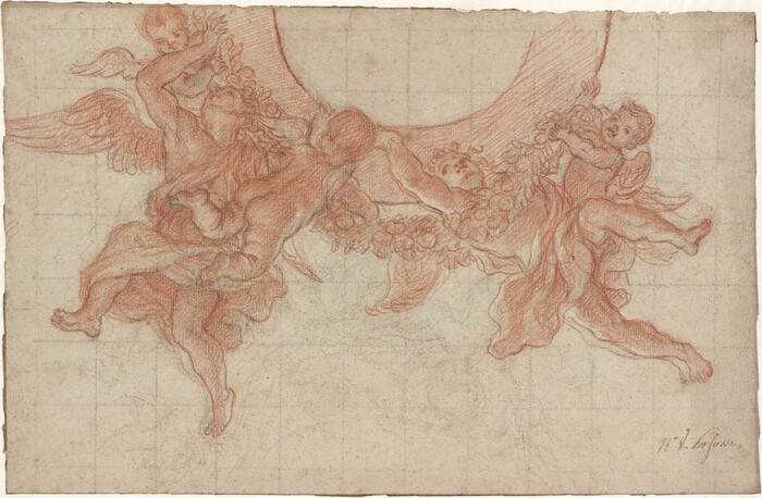 This is a drawing of cherubs and a garland. The image features a group of cherubs or putti carrying or playing with a garland of flowers. The drawing is done in a reddish-brown chalk, creating a soft look. The figures are depicted with movement and fluidity through the drapery and posture. The composition shows curved lines of the garland echoing the circular forms created by the bodies of the cherubs. The overall impression is one of liveliness and grace.