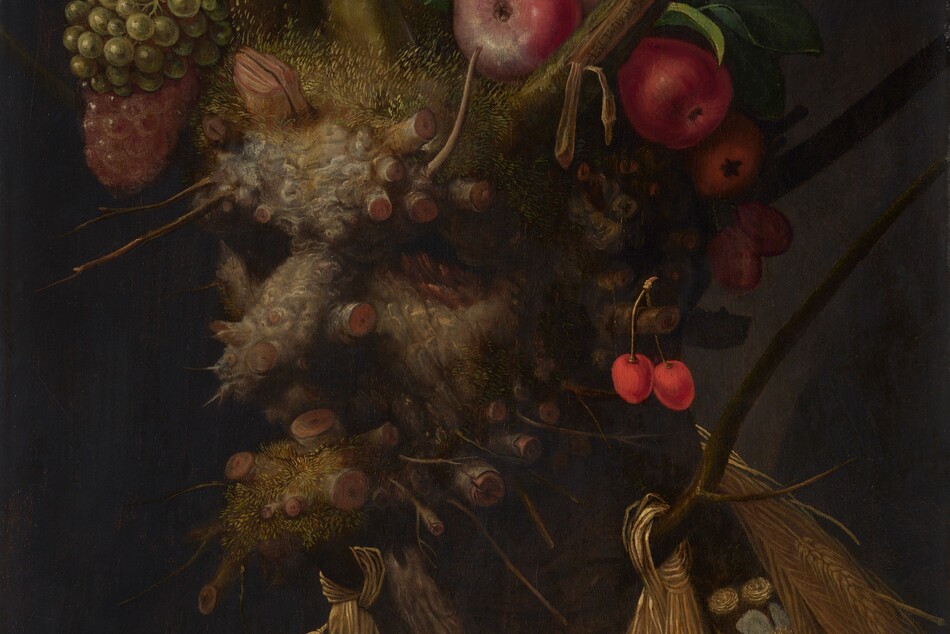 In this vertical painting, a tree trunk, branches, plants, fruit, and flowers are arranged to create the head, neck, and chest of an old person, like a portrait. The face and shoulders are angled to our left against a black background. The ash-brown tree trunk is the head with stumps to represent the long, bulbous nose, protruding chin, and ear. The eyes and mouth are sunken in deep shadow. Smaller bumps and the rough texture of the bark of the skin resembles warts or other imperfections. Flax-yellow moss or fungi grows on the chin and head, creating the impression of short hair. Branches grow up from the top of the head like antlers or a tall crown. On our left, green and purple grapes sit among the branches and stumps on the head while red apples and pears sit on our right. Ivy grows up on branch behind the apples. Two red cherries dangle from the small stub of the ear we can see. Pale pink, red, and white flowers on the chest make a garment. Sheaves of wheat hang down from branches protruding from the neck over the flowers. The artist signed the painting with black letters where bark has peeled away from a branch to our upper right, "ARCIMBOLDUS F."