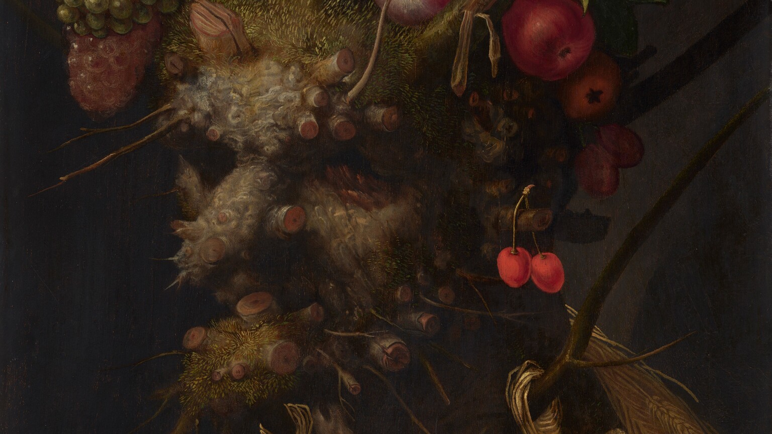 In this vertical painting, a tree trunk, branches, plants, fruit, and flowers are arranged to create the head, neck, and chest of an old person, like a portrait. The face and shoulders are angled to our left against a black background. The ash-brown tree trunk is the head with stumps to represent the long, bulbous nose, protruding chin, and ear. The eyes and mouth are sunken in deep shadow. Smaller bumps and the rough texture of the bark of the skin resembles warts or other imperfections. Flax-yellow moss or fungi grows on the chin and head, creating the impression of short hair. Branches grow up from the top of the head like antlers or a tall crown. On our left, green and purple grapes sit among the branches and stumps on the head while red apples and pears sit on our right. Ivy grows up on branch behind the apples. Two red cherries dangle from the small stub of the ear we can see. Pale pink, red, and white flowers on the chest make a garment. Sheaves of wheat hang down from branches protruding from the neck over the flowers. The artist signed the painting with black letters where bark has peeled away from a branch to our upper right, "ARCIMBOLDUS F."