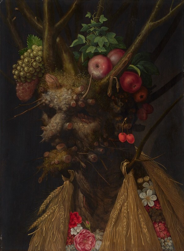 In this vertical painting, a tree trunk, branches, plants, fruit, and flowers are arranged to create the head, neck, and chest of an old person, like a portrait. The face and shoulders are angled to our left against a black background. The ash-brown tree trunk is the head with stumps to represent the long, bulbous nose, protruding chin, and ear. The eyes and mouth are sunken in deep shadow. Smaller bumps and the rough texture of the bark of the skin resembles warts or other imperfections. Flax-yellow moss or fungi grows on the chin and head, creating the impression of short hair. Branches grow up from the top of the head like antlers or a tall crown. On our left, green and purple grapes sit among the branches and stumps on the head while red apples and pears sit on our right. Ivy grows up on branch behind the apples. Two red cherries dangle from the small stub of the ear we can see. Pale pink, red, and white flowers on the chest make a garment. Sheaves of wheat hang down from branches protruding from the neck over the flowers. The artist signed the painting with black letters where bark has peeled away from a branch to our upper right, "ARCIMBOLDUS F."