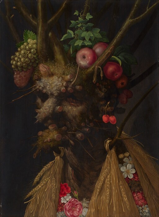 In this vertical painting, a tree trunk, branches, plants, fruit, and flowers are arranged to create the head, neck, and chest of an old person, like a portrait. The face and shoulders are angled to our left against a black background. The ash-brown tree trunk is the head with stumps to represent the long, bulbous nose, protruding chin, and ear. The eyes and mouth are sunken in deep shadow. Smaller bumps and the rough texture of the bark of the skin resembles warts or other imperfections. Flax-yellow moss or fungi grows on the chin and head, creating the impression of short hair. Branches grow up from the top of the head like antlers or a tall crown. On our left, green and purple grapes sit among the branches and stumps on the head while red apples and pears sit on our right. Ivy grows up on branch behind the apples. Two red cherries dangle from the small stub of the ear we can see. Pale pink, red, and white flowers on the chest make a garment. Sheaves of wheat hang down from branches protruding from the neck over the flowers. The artist signed the painting with black letters where bark has peeled away from a branch to our upper right, "ARCIMBOLDUS F."