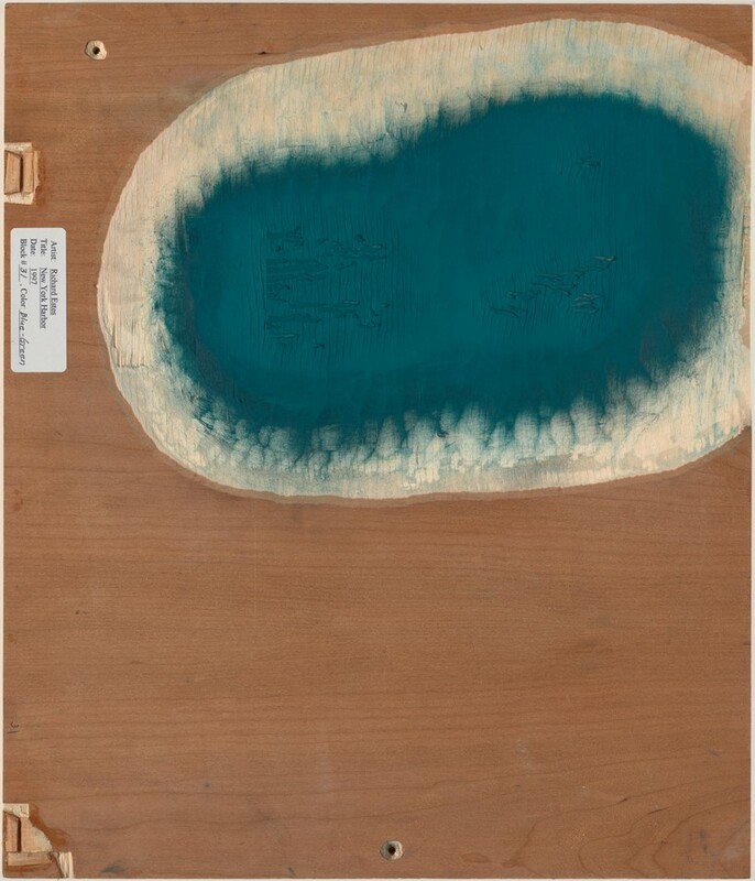 The image shows an oval shape with a dark blue hue at the center, fading to a whitish border, blending into a wood background. The blue has textured lines resembling ripples, while the wood texture gives a rustic look, like an aged wooden board or driftwood with grain patterns.