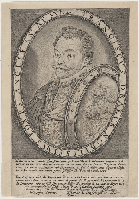 The engraving depicts a man with curly hair, a full mustache, and a short beard, donning an ornate garment with a ruffled collar. A large shield with nautical themes is held by the man, with engraved details all around him.