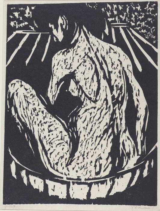 This print shows an abstract depiction of a nude person seated with their body turned away from us. We can see their back and part of their profile. The person's head is turned toward the left, with their chin tucked towards their shoulder, and no distinct facial features are visible. Their hair is short and dark, styled close to their head. The person is seated in a circular basin or tub, with lines and patterns around them. The background is patterned with linear and dot-like shapes. The white lines of the print are very thick on the black background.