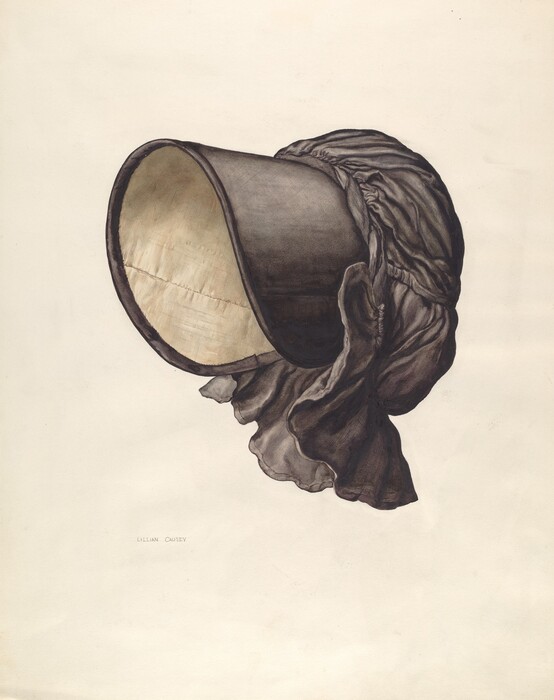 The image depicts a large bonnet with a cylindrical brim made of a dark, woven material, and a gathered cloth hanging at the back. The color palette is composed of muted tones, including shades of brown, gray, and cream. The bonnet is centered in the image against a plain, light background, shown in a side view with the brim opening towards the left.