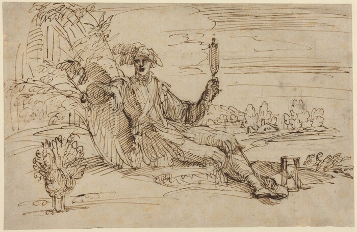 This is a drawing of a landscape with a figure holding an object. The drawing depicts a figure sitting in a pastoral landscape, holding what appears to be a mirror or a feather. The scene is drawn in a loose, sketch-like manner. The figure is clad in draped garments, set against a backdrop of trees and a faint suggestion of distant fields or hills. The foreground includes a bird with its plumage fanned out. The lines and shading are executed with a brisk and energetic hand.