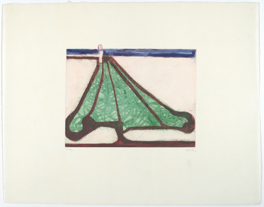 The image showcases an abstract composition with a dominant triangular shape filled with green and intricate patterns. The shape stands out against a soft pink background, with a deep blue horizontal strip at the top.