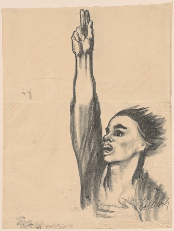 Shown from the chest up in the bottom right quadrant of the composition, a person holds one arm straight up with the thumb and first two fingers extended as their hair blows back from their face in this vertical lithograph. On tan-colored paper, the person is printed in tones of gray, as if sketched in charcoal. The mouth is wide open and teeth visible. The person has high cheekbones, heavy, pointed brows, and straight hair. A garment is suggested with long strokes of gray. The hand not raised in the air rests on the person’s chest, and is cut off by the bottom edge of the print. Faintly drawn words in the background are difficult to make out. Small in scale, several clusters of zigzagging lines are in the lower left corner. The artist signed the work in the lower right corner, “Kollwitz.”