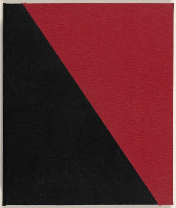 The image shows a large triangle created by a diagonal line dividing it into two sections: a black area on the left and a red area on the right. The design uses contrasting colors to create visual tension. The clean edges and solid colors contribute to the geometric abstraction of the image.