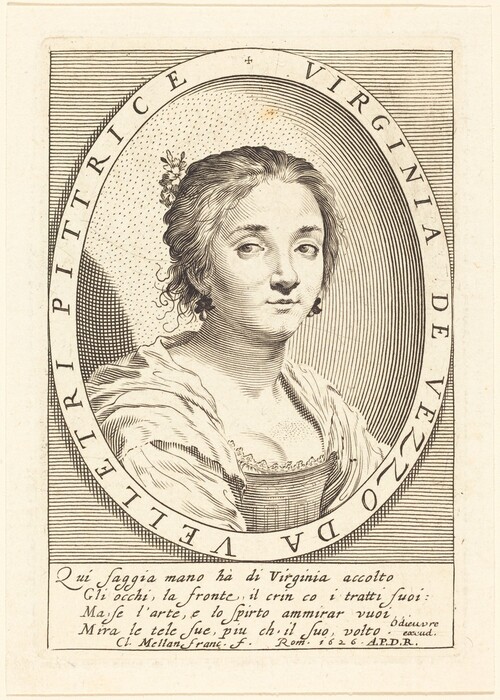 The image shows a bust-length portrait of a woman facing slightly to her left. Her facial features are detailed with large eyes, delicate eyebrows, and a calm expression. Her hair is styled up with loose curls framing her face, and it's adorned with a ribbon or ornament at the back. She is wearing a dress with a broad neckline and visible lace details. The portrait is encased in an oval frame with text surrounding it. The background features dense parallel lines, and the lower section of the image contains more text.