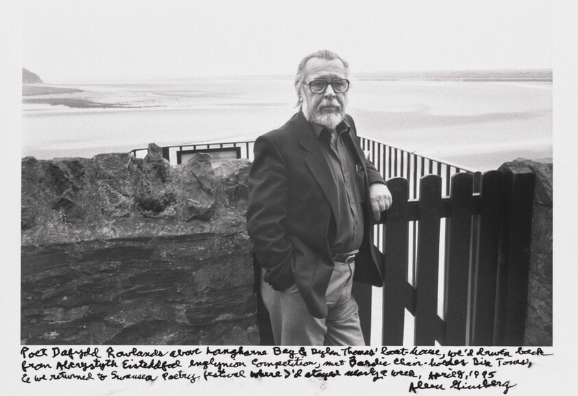 Poet Dafydd Rowlands above Laugharne Bay & Dylan Thomas' boat-house, we'd drive back from Aberystwyth Eisteddfod englynion competition, met Bardic Chair-holders Dic Jones, & we returned to Swansea Poetry festival where I'd stayed nearly a week, April 8, 1995