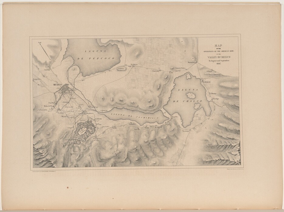 This is a drawing of a historical map. The image depicts a detailed map of the operations of the American Army in the Valley of Mexico in August and September 1847. The map includes various lakes labeled “Laguna de Texcoco” and “Laguna de Chalco,” surrounded by a range of topographic features represented with shading. There are small settlements or sites indicated across the map, and the city of Mexico is prominently marked on the left side. The text and labeling are in English. There is a note indicating it was drawn by a topographical engineer.